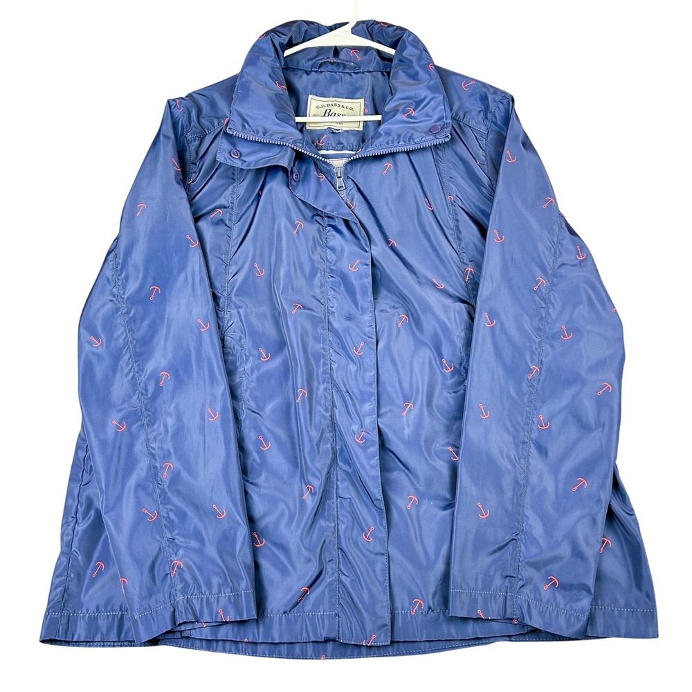 GH Bass Coastal Navy Blue Red Anchor Preppy Jacket Packable Hood Womens L